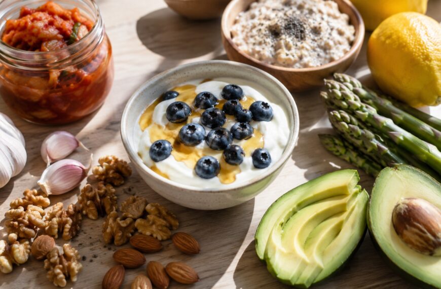 Gut-healthy foods including kimchi, Greek yogurt with blueberries, oats, garlic, walnuts, almonds, avocado, and asparagus arranged on a wooden table