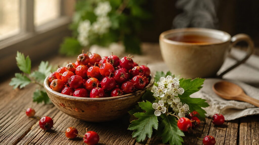 Fresh red hawthorn berries in a rustic bowl with hawthorn leaves, white flowers and a cup of herbal tea on a wooden table