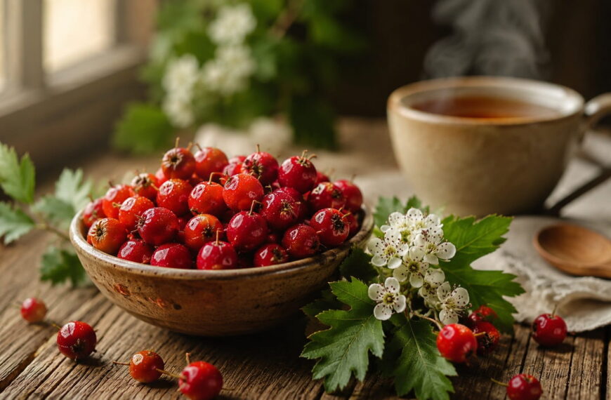 Fresh red hawthorn berries in a rustic bowl with hawthorn leaves, white flowers and a cup of herbal tea on a wooden table