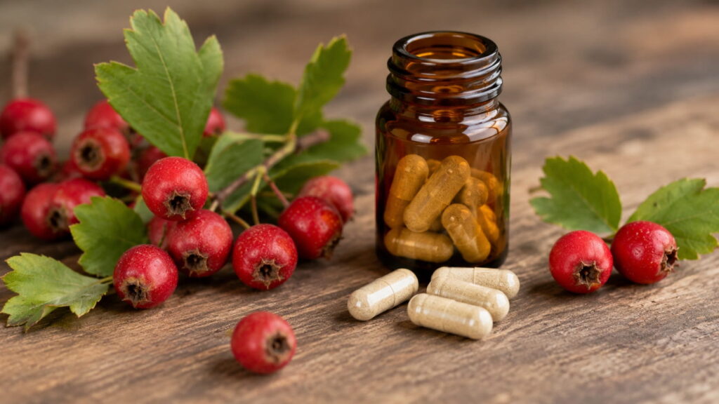 Fresh hawthorn berries beside an amber glass bottle of hawthorn berry supplement capsules, illustrating hawthorn berry side effects, dosage, and heart health.