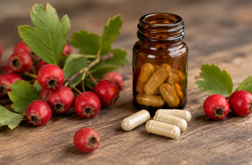 Fresh hawthorn berries beside an amber glass bottle of hawthorn berry supplement capsules, illustrating hawthorn berry side effects, dosage, and heart health.