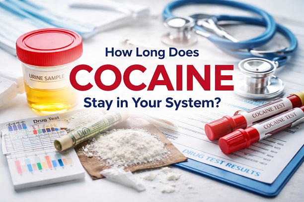 Urine sample, drug test strips, and cocaine test vials arranged on a clinical desk with title “How Long Does Cocaine Stay in Your System?” – medical drug testing concept.