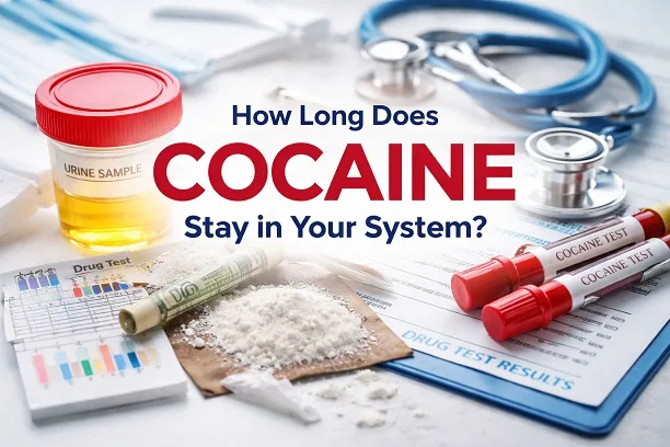 Urine sample, drug test strips, and cocaine test vials arranged on a clinical desk with title “How Long Does Cocaine Stay in Your System?” – medical drug testing concept.