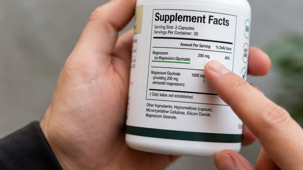 Close-up of a supplement facts label highlighting the elemental magnesium amount