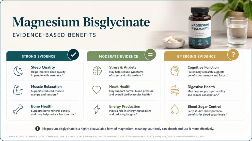 Infographic showing evidence-based benefits of magnesium bisglycinate including sleep, muscle relaxation, and bone health