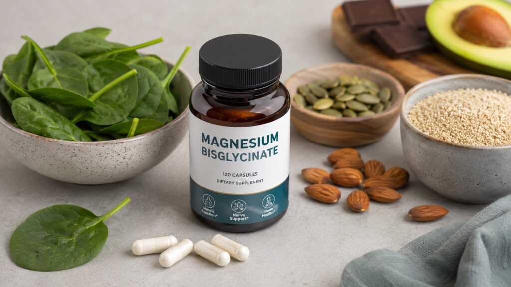 Magnesium bisglycinate capsules next to magnesium-rich foods like spinach and almonds