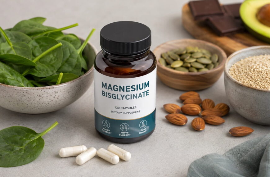 Magnesium bisglycinate capsules next to magnesium-rich foods like spinach and almonds