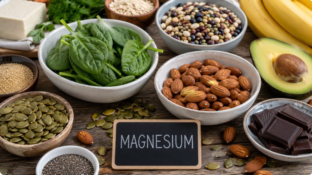 Magnesium-rich foods including pumpkin seeds, spinach, almonds, and dark chocolate arranged on a table