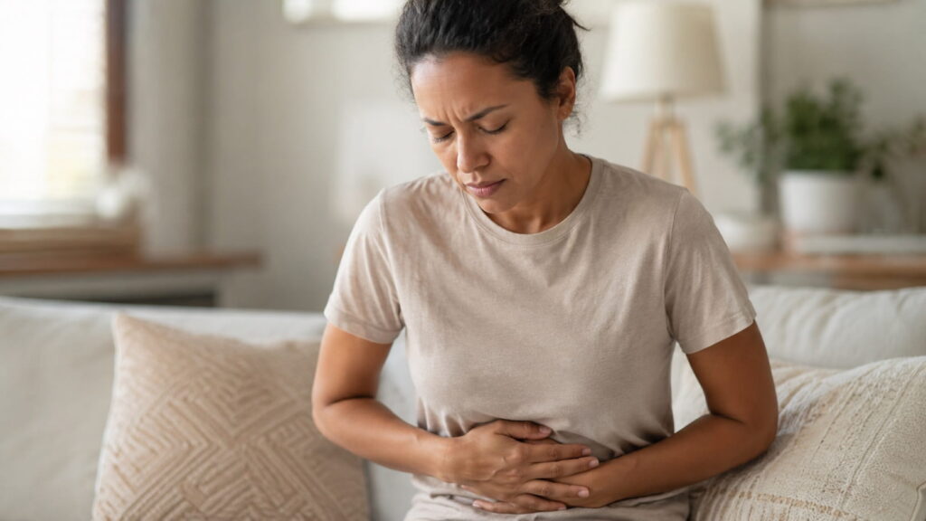 Woman sitting on a couch holding her stomach in discomfort, a common sign of an unhealthy gut