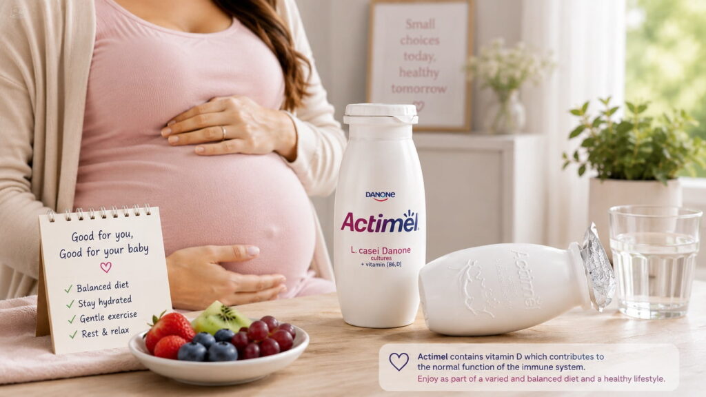 Pregnant woman with Actimel probiotic drink as part of a balanced pregnancy diet in a bright kitchen.