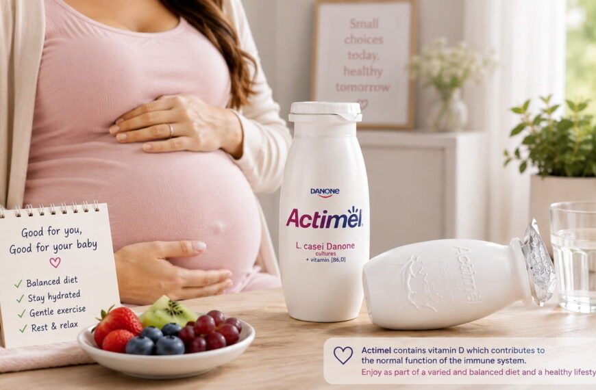 Pregnant woman with Actimel probiotic drink as part of a balanced pregnancy diet in a bright kitchen.
