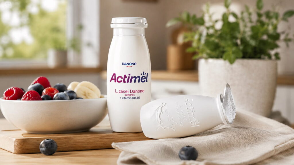 Actimel probiotic drink bottles with fresh berries in a healthy breakfast kitchen showing the recommended daily Actimel serving.
