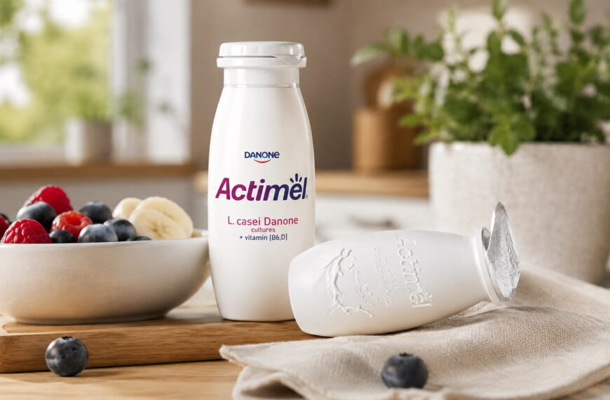 Actimel probiotic drink bottles with fresh berries in a healthy breakfast kitchen showing the recommended daily Actimel serving.