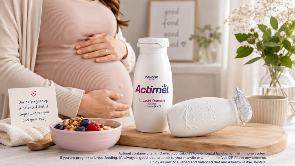 Pregnant woman with Actimel probiotic drink as part of a balanced pregnancy diet in a bright kitchen.