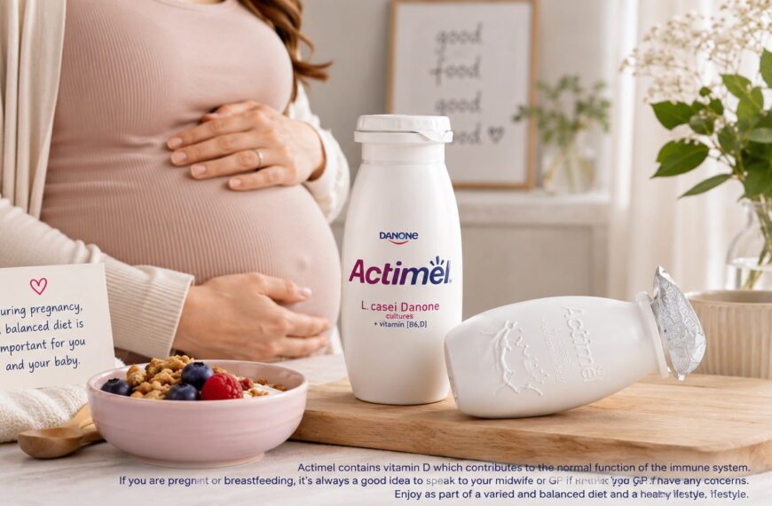 Pregnant woman with Actimel probiotic drink as part of a balanced pregnancy diet in a bright kitchen.
