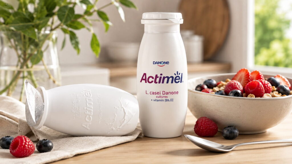 Actimel probiotic yogurt drink with granola, berries and fruit as part of a balanced gut-friendly breakfast.