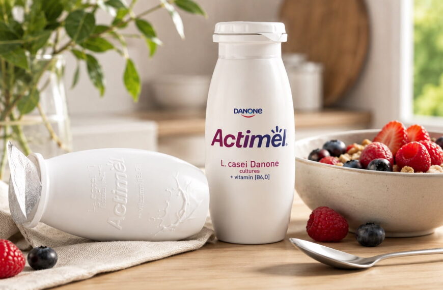Actimel probiotic yogurt drink with granola, berries and fruit as part of a balanced gut-friendly breakfast.