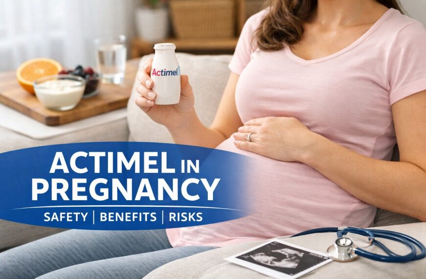 Pregnant woman holding Actimel probiotic drink at home, illustrating safety, benefits, and risks of probiotic use during pregnancy