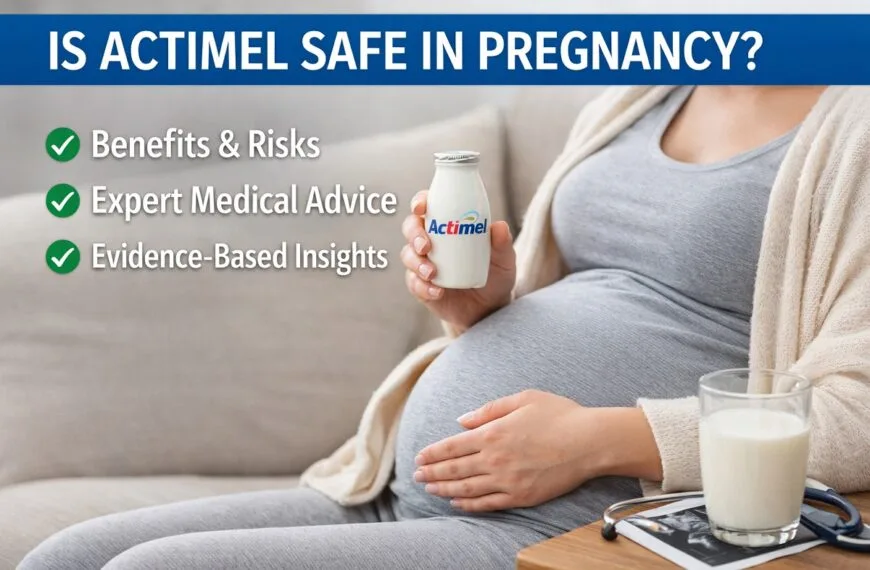 Pregnant woman holding Actimel probiotic drink showing safety of probiotics during pregnancy for immune and digestive health