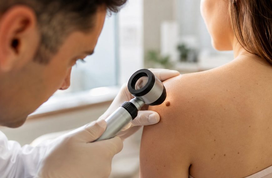 Dermatologist using a dermatoscope to examine a mole on a patient's shoulder for skin cancer warning signs