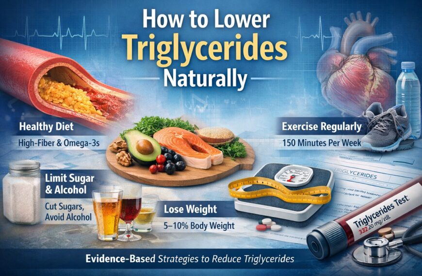 High triglycerides blood test report showing 245 mg/dL with healthy foods like salmon, nuts, chia seeds, olive oil, and a weight scale representing natural triglyceride reduction through diet and exercise.