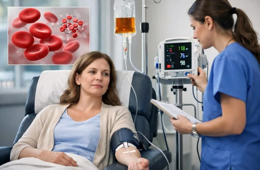 Adult female patient receiving intravenous iron infusion in a modern clinic while nurse monitors vitals, with subtle red blood cell illustration overlay