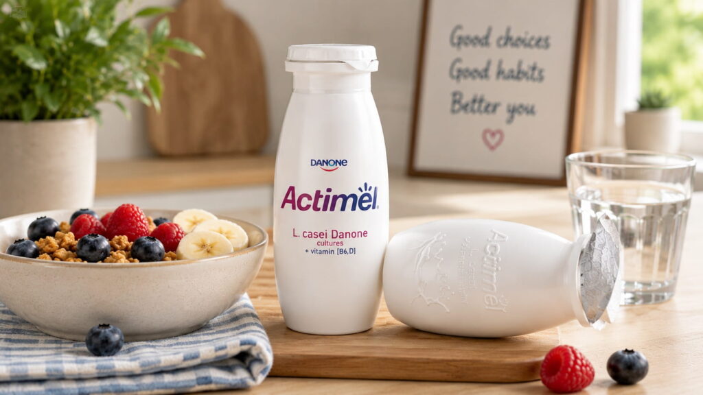 Is Actimel good for you? Actimel probiotic yogurt drink with L. casei cultures served next to a bowl of berries and granola