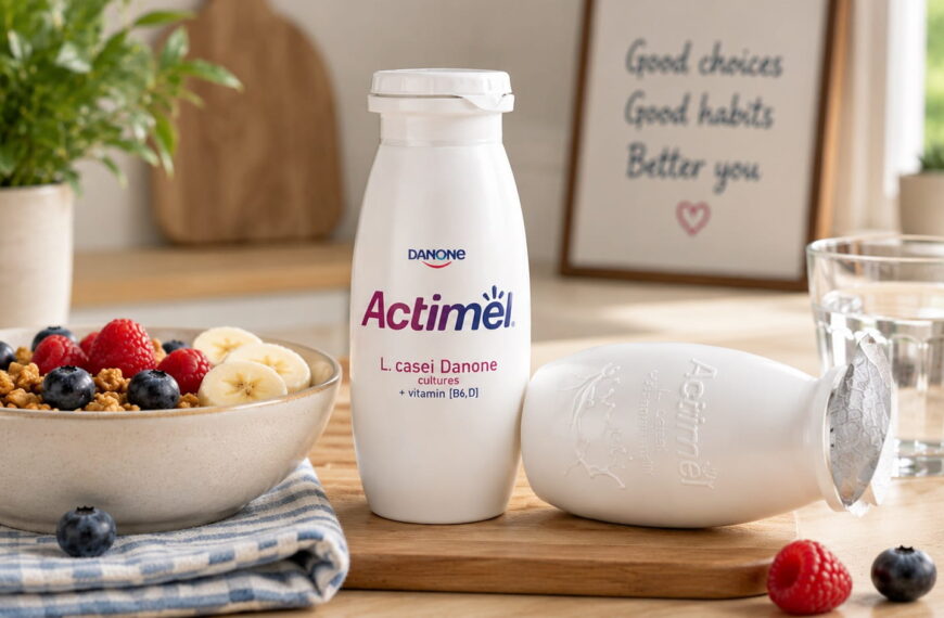 Is Actimel good for you? Actimel probiotic yogurt drink with L. casei cultures served next to a bowl of berries and granola