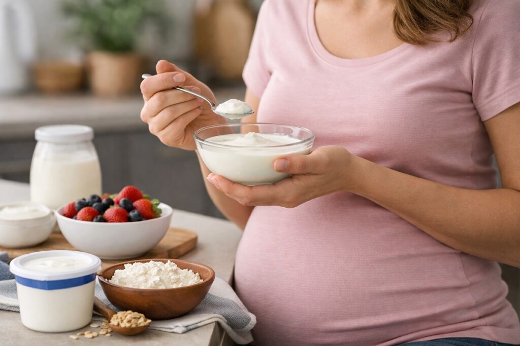 Pregnant woman holding a bowl of yogurt at a kitchen table with fresh berries, milk, and granola, illustrating safe pregnancy nutrition.