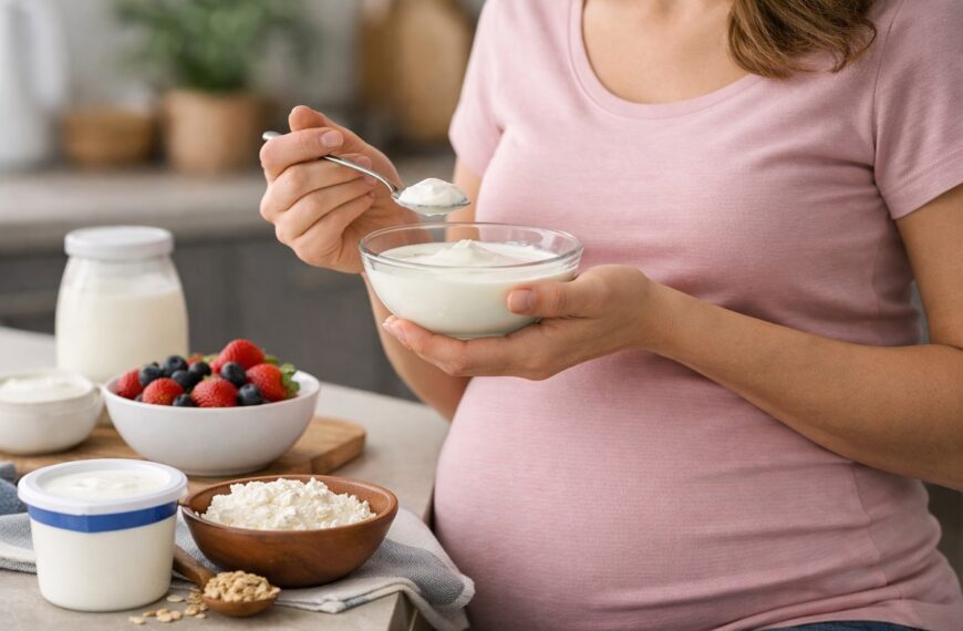 Pregnant woman holding a bowl of yogurt at a kitchen table with fresh berries, milk, and granola, illustrating safe pregnancy nutrition.