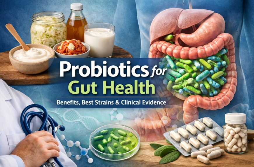 Probiotics for gut health illustration showing digestive system, probiotic foods, and supplements for improving digestion and microbiome balance