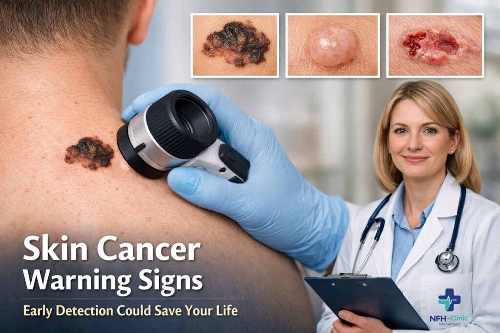 Dermatologist examining suspicious mole on patient skin for early skin cancer detection including melanoma warning signs