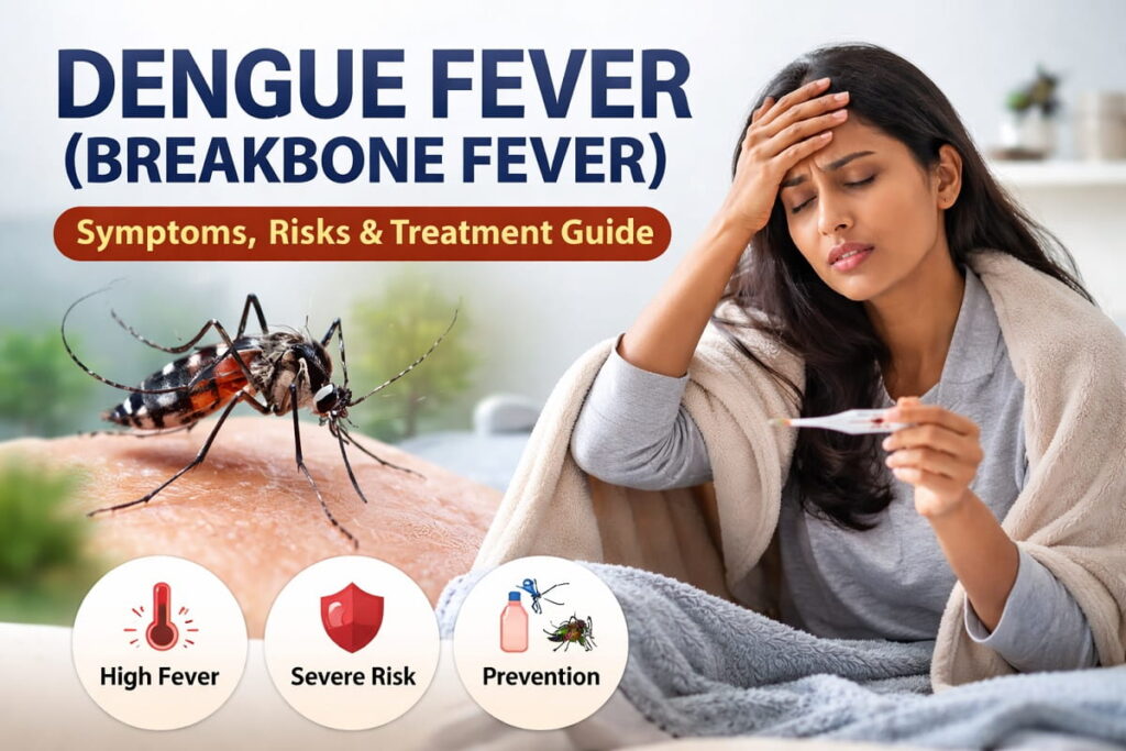 Woman with high fever holding a thermometer while Aedes mosquito bites her skin, representing dengue fever (breakbone fever) symptoms, risks, and prevention