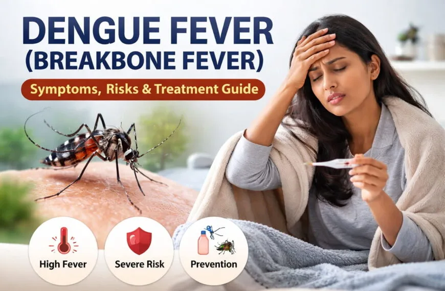 Woman with high fever holding a thermometer while Aedes mosquito bites her skin, representing dengue fever (breakbone fever) symptoms, risks, and prevention