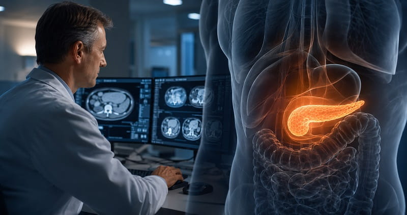 Pancreatic cancer visualization with oncologist reviewing CT scans in modern hospital showing glowing pancreas anatomy