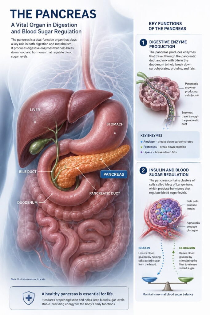 Diagram showing the location and function of the pancreas in the upper abdomen