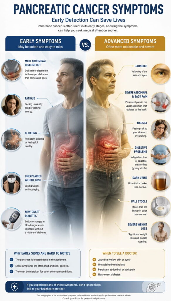 Infographic comparing early and advanced symptoms of pancreatic cancer