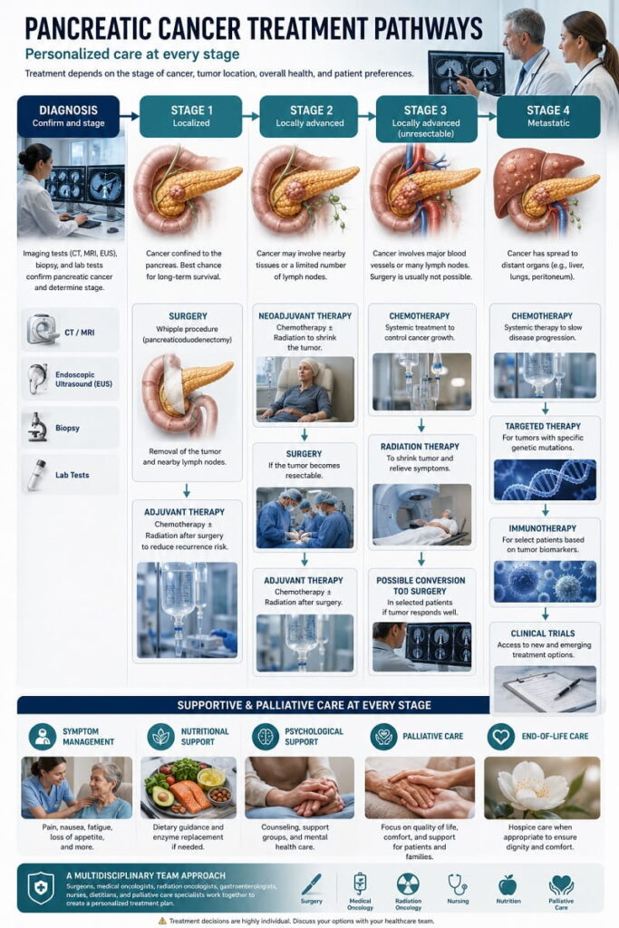 Medical infographic showing pancreatic cancer treatment options by stage