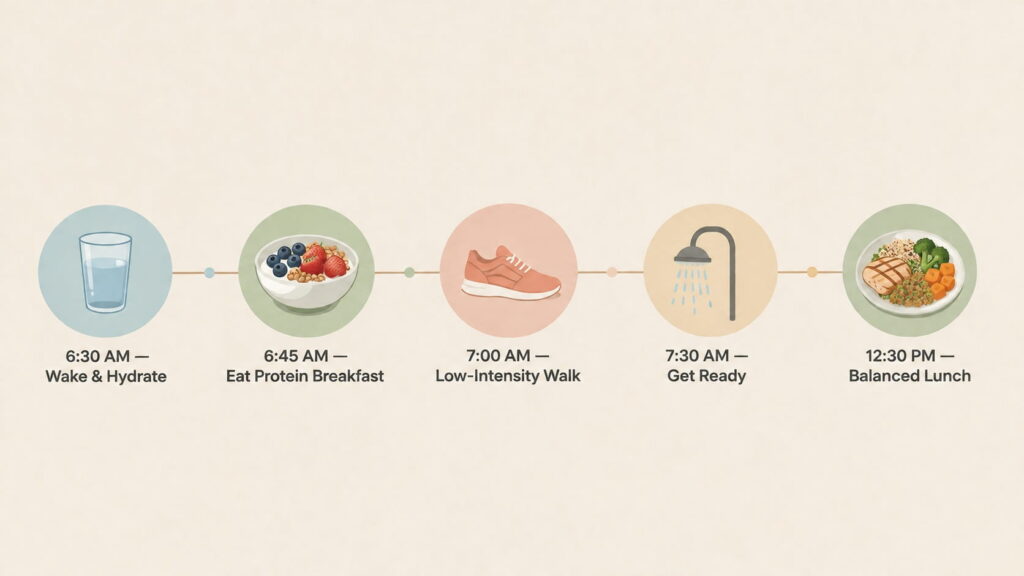 Morning routine timeline for the 30-30-30 method from 6:30 AM to 12:30 PM