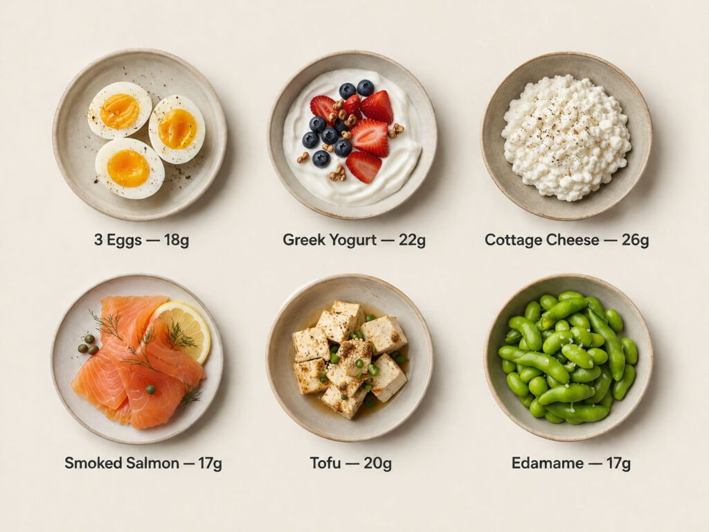 Protein food chart for the 30-30-30 diet breakfast showing eggs, Greek yogurt, cottage cheese, salmon, tofu, and edamame
