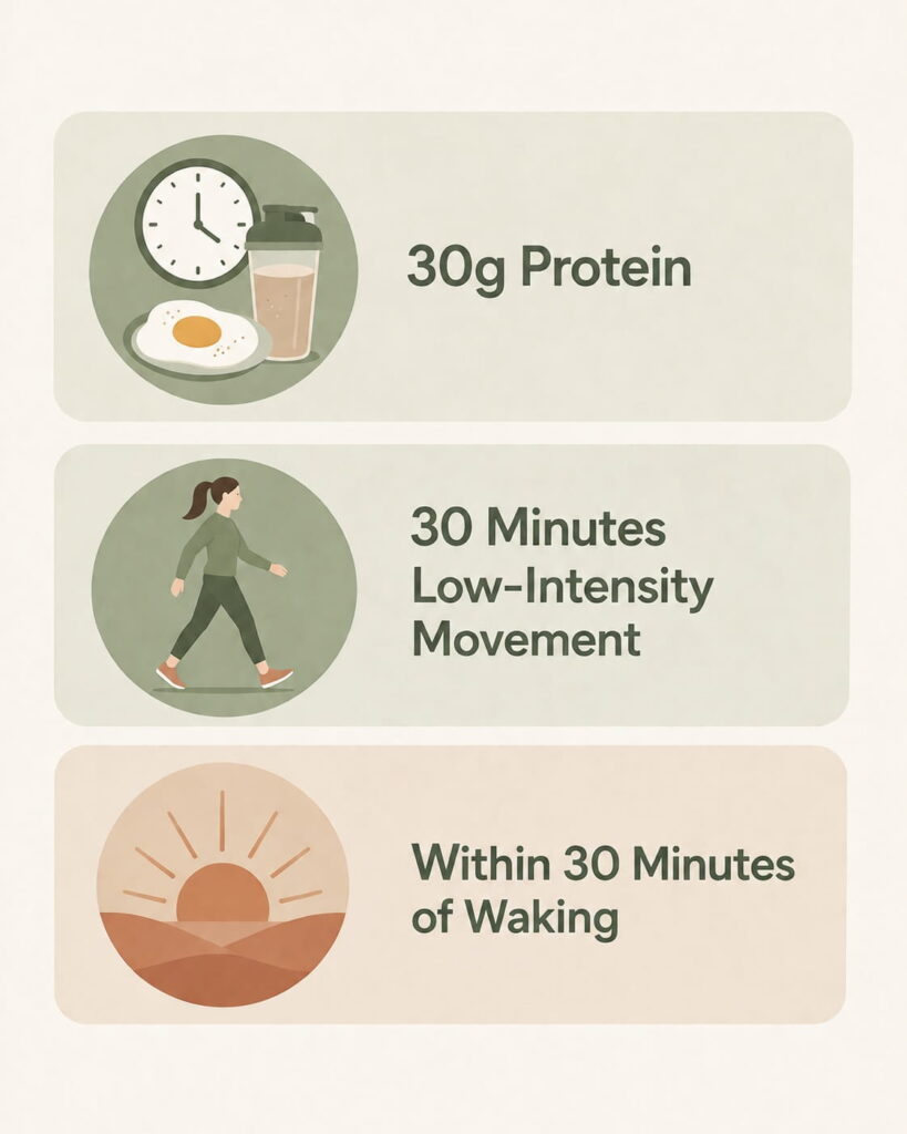 Infographic explaining the 30-30-30 wellness routine steps: 30g protein, 30 minutes of movement, within 30 minutes of waking