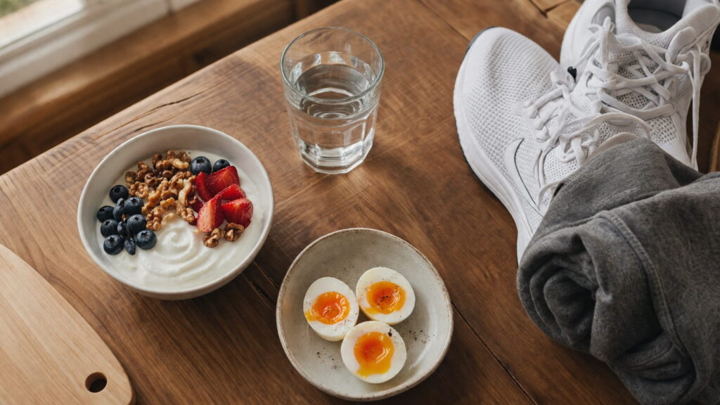 30-30-30 wellness routine breakfast and walking shoes setup