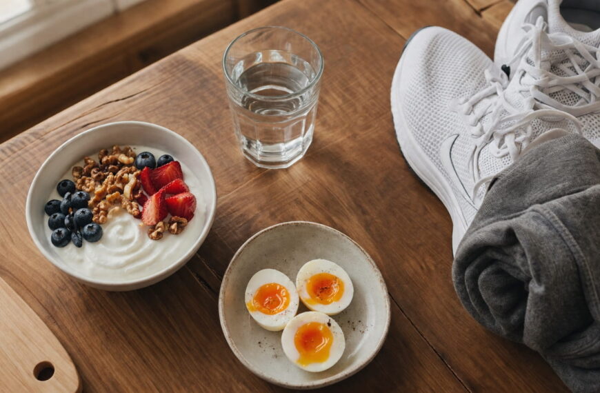 30-30-30 wellness routine breakfast and walking shoes setup