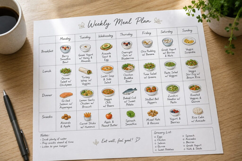 Printable 7-day healthy eating plan template with breakfast, lunch, dinner, and snack columns