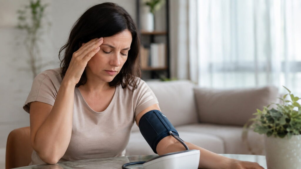 Woman with a headache checking a low blood pressure reading at home