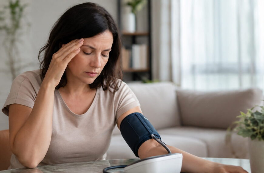 Woman with a headache checking a low blood pressure reading at home