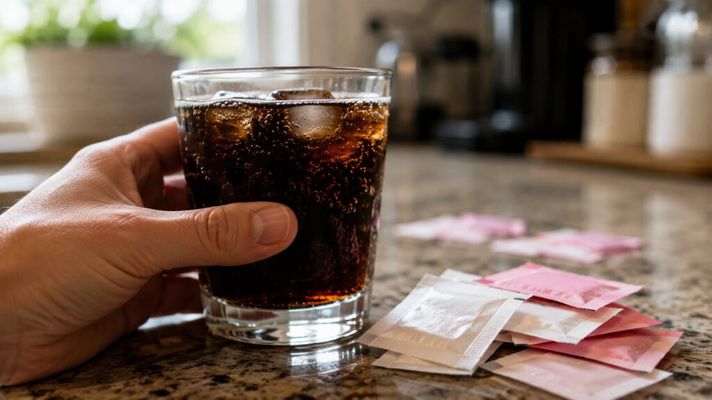 Glass of diet soda next to sugar substitute packets, representing artificial sweetener cognitive decline research