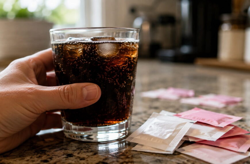 Glass of diet soda next to sugar substitute packets, representing artificial sweetener cognitive decline research