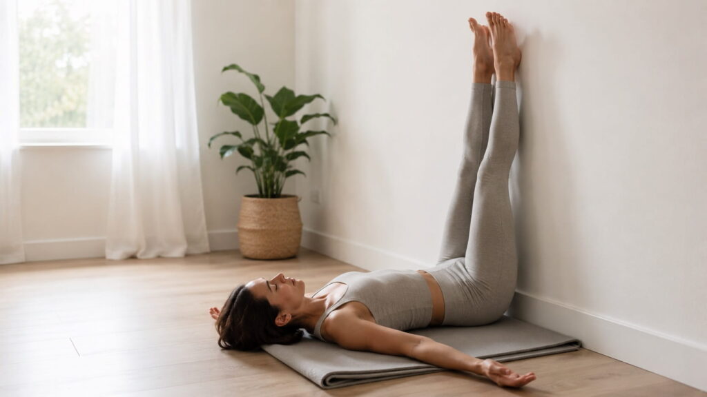 Woman practicing legs up the wall pose (Viparita Karani) on a yoga mat at home