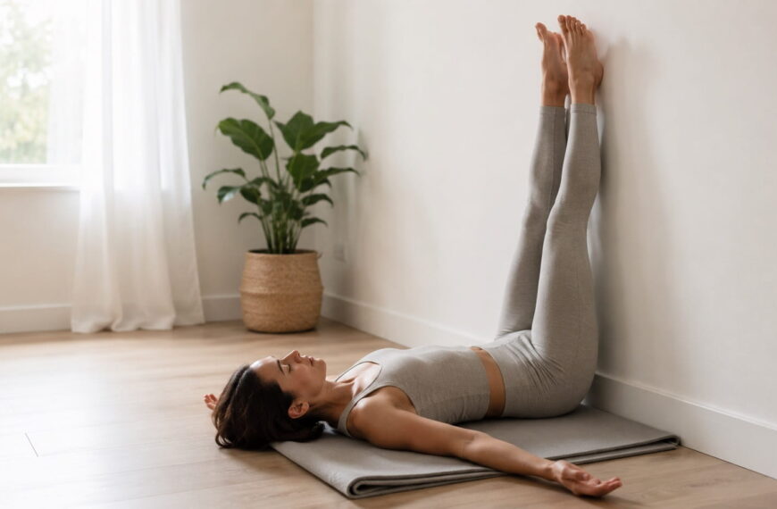 Woman practicing legs up the wall pose (Viparita Karani) on a yoga mat at home
